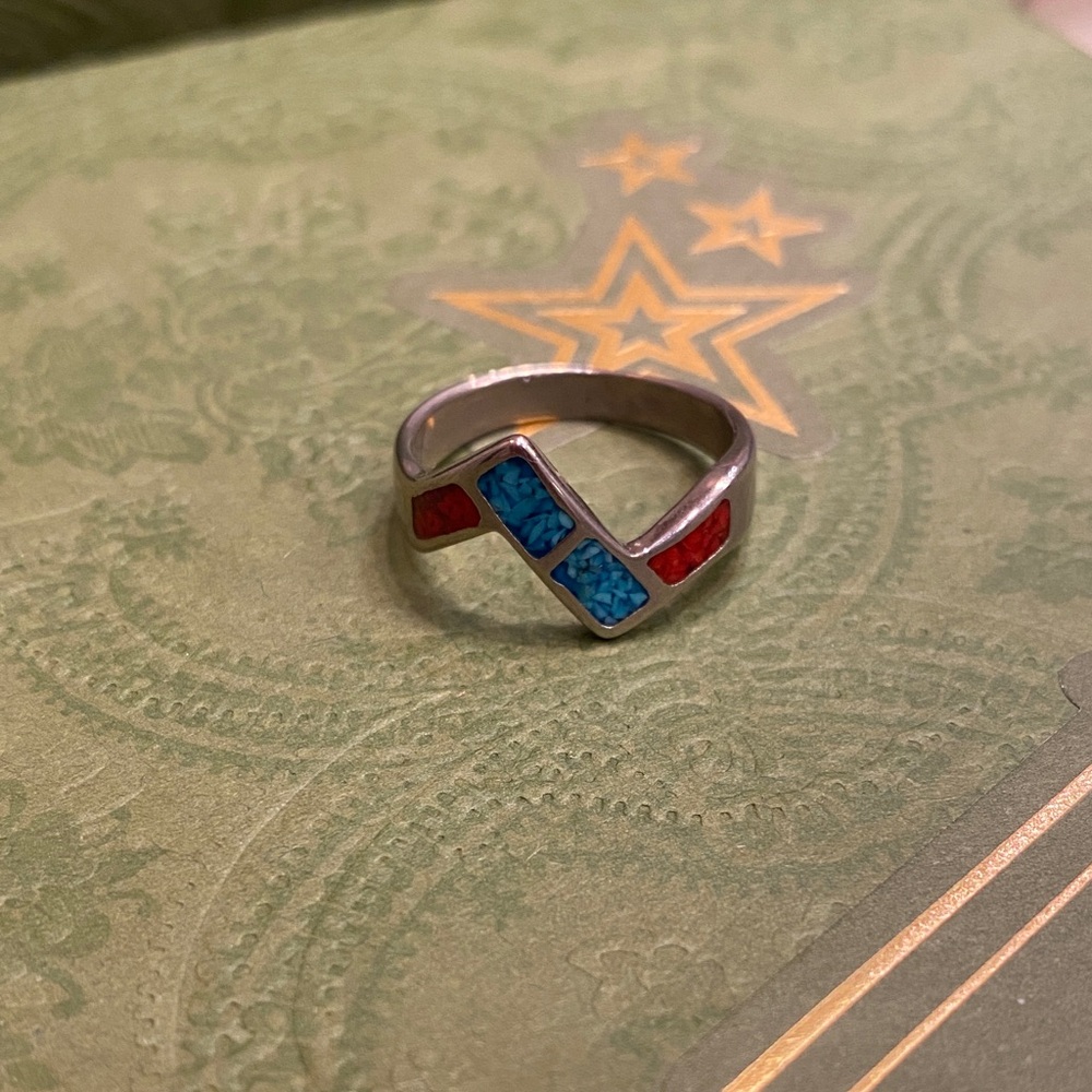 Sterling Silver Ring with blue and red accent inlay